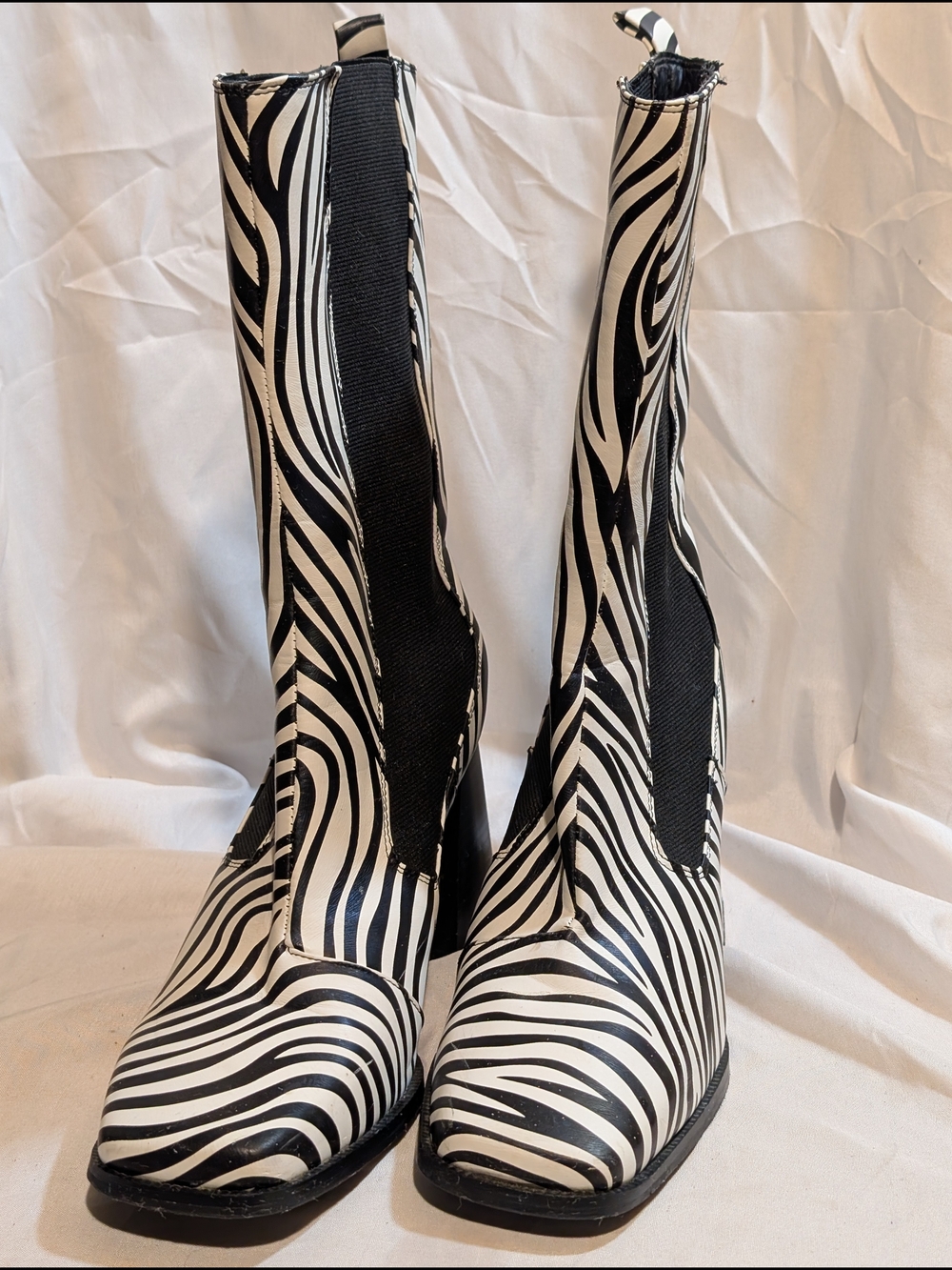 Nasty Gal Black and White Zebra-Print Heeled Mid Calf Boots